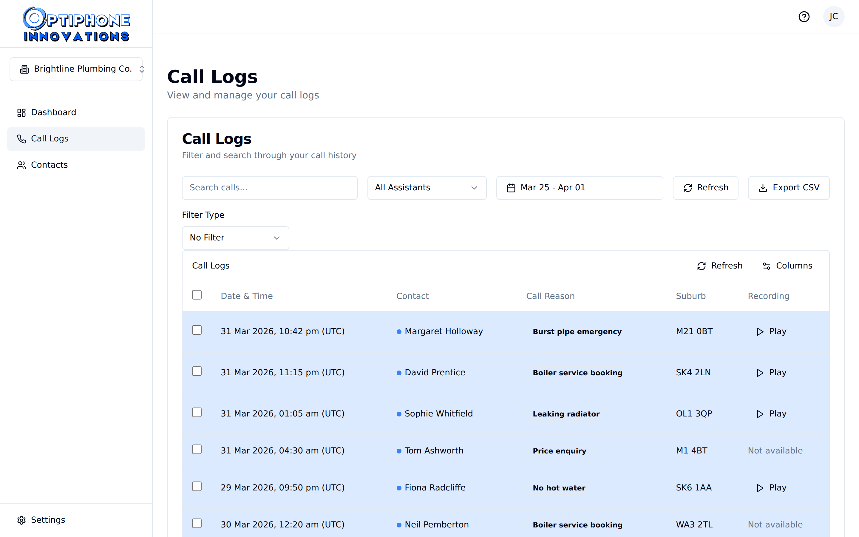 Optiphone call log view showing every inbound call with timestamps and caller details